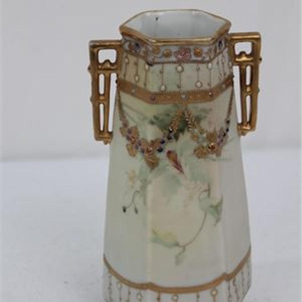 Nippon Hand Painted Jeweled Moriage Porcelain Vase Gilt Handles Hexagonal 8.5"